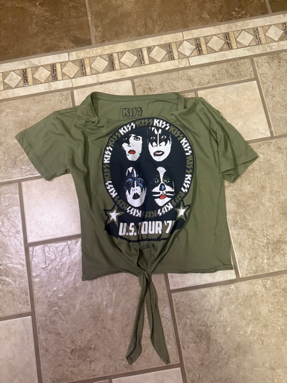 Kiss Olive Green Tie-Front Graphic Tee